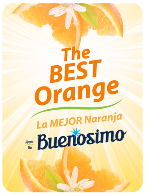 shelftalk showcasing a blind product, buenosimo dish soap, The best orange, la mejor naranja de buenoismo with large orange slices
