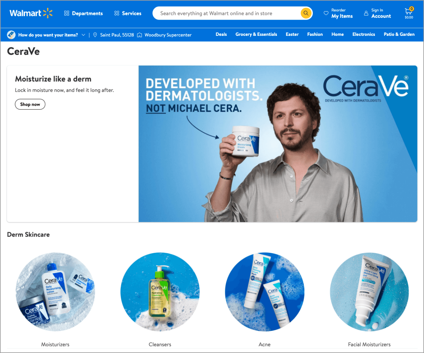 Walmart brand page Cera promoting Cerave product
