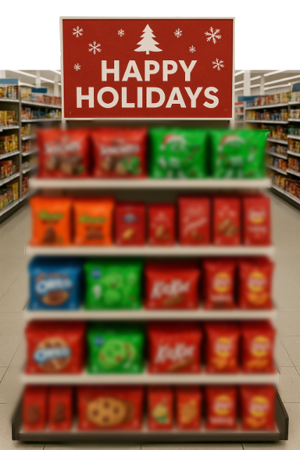 Holiday display endcap "Happy Holidays" with treats and candy